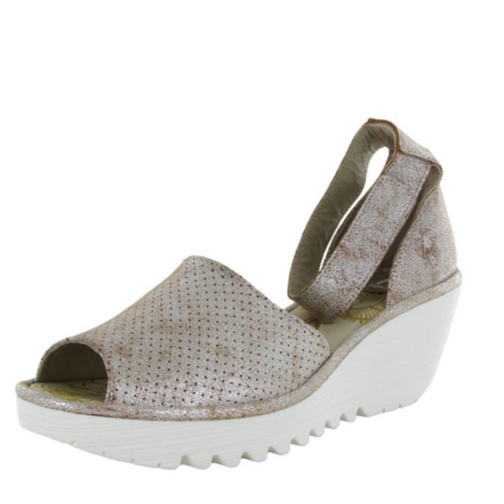 Fly London Yake Pearl Metallic Perforated Leather Ankle Strap Wedge Sandal 39